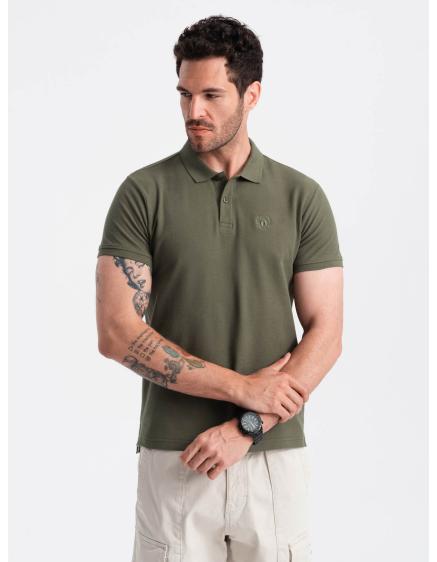 Levně Pánská jednobarevná polokošile BASIC pique knit tmavě olivově zelená