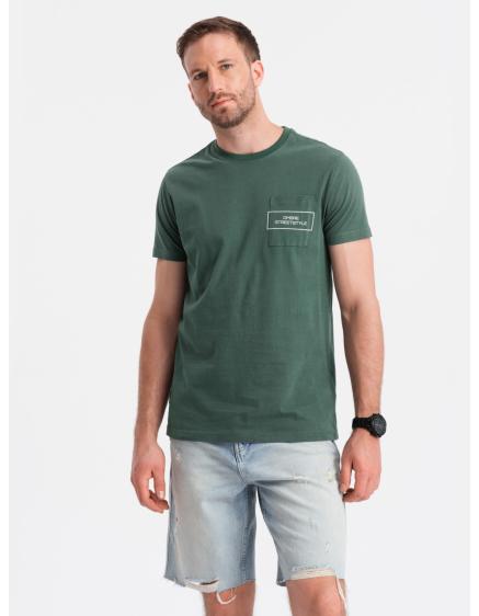 Levně Pánské bavlněné tričko Ombre Streetstyle s potiskem kapes tmavě zelené V4 OM-TSCT-0108