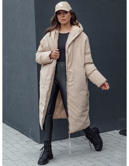 Levně Dámská dlouhá zimní bunda oversize s kapucí MELVIN tmavě béžová