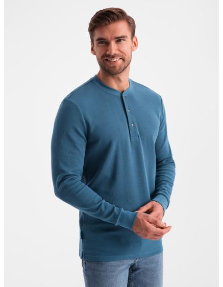 Levně Pánský dlouhý rukáv z vaflového úpletu zapínaný u krku modrý denim