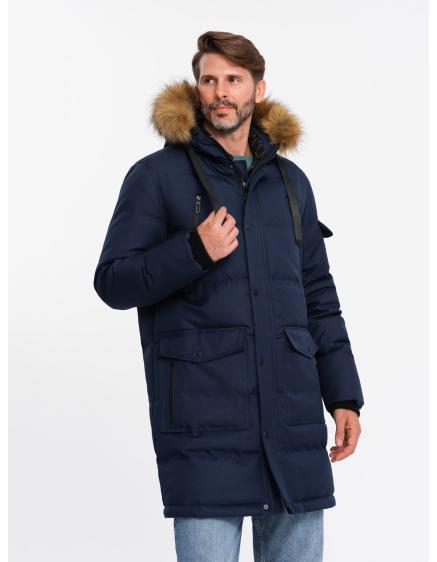 Levně Pánská dlouhá zateplená bunda parka s kapucí - tmavě modrá V1