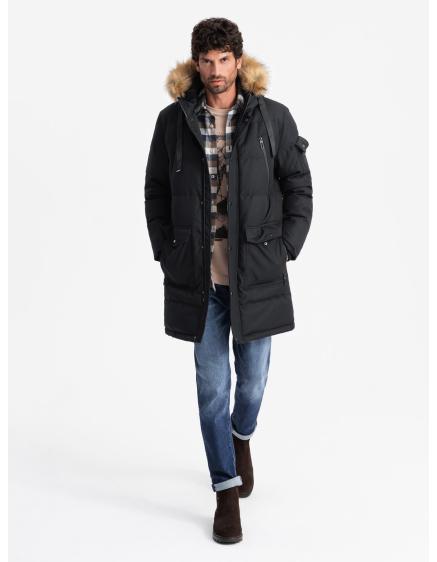 Levně Pánská dlouhá teplá bunda parka s kapucí - černá V2