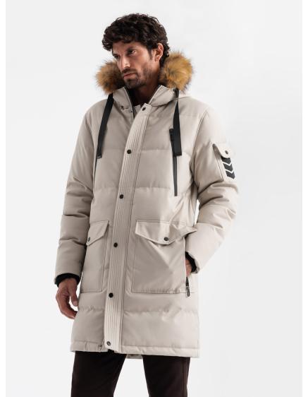 Levně Pánská dlouhá teplá bunda parka s kapucí - béžová V5