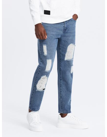 Levně Pánské džínové kalhoty TAPERED FIT s otěry - tmavě modré