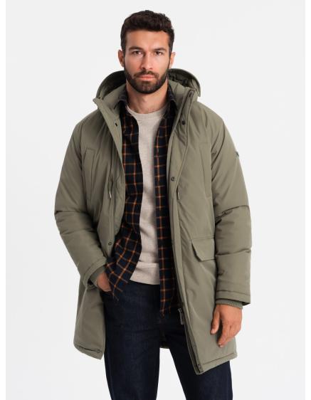 Levně Pánská klasická dlouhá bunda parka - olivová V3