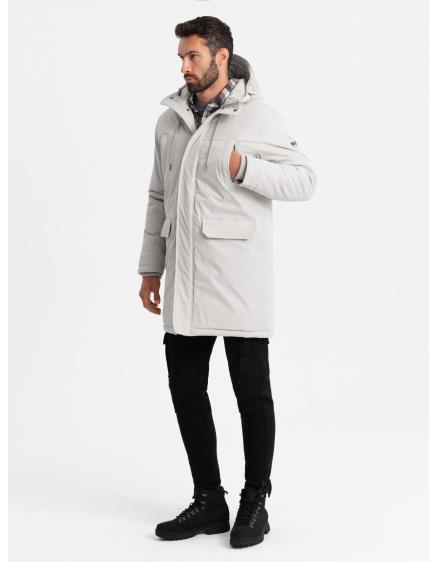 Levně Pánská klasická dlouhá bunda parka - krémová V1