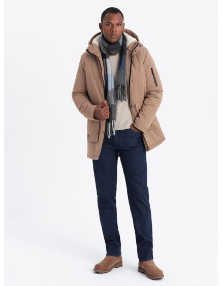 Levně Pánská klasická dlouhá bunda parka sherpa - béžová V1
