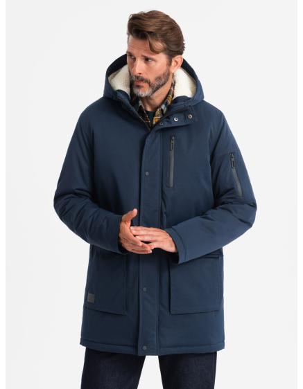 Levně Pánská dlouhá bunda parka sherpa - tmavě modrá V2