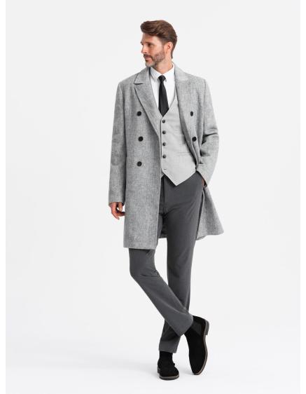 Levně Elegantní pánský dvouřadý kabát ve tvaru rybí kosti - šedý