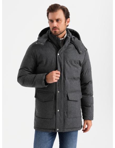Levně Pánská dlouhá teplá bunda parka s vlnou - černá melanž V2