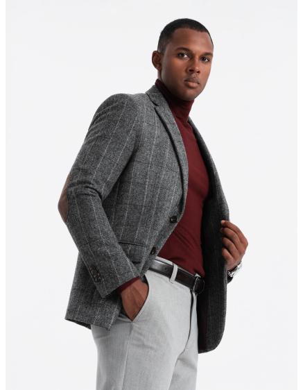 Levně Elegantní pánská marynarka w kratkę z wełną - szara V1 OM-BLZB-0137