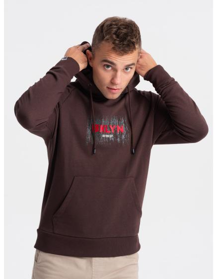 Levně Pánská klasická klokaní mikina s potiskem - tmavě hnědá V2