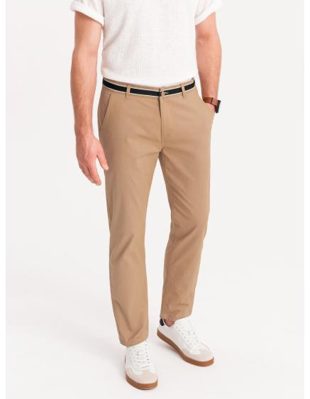 Levně Pánské chino kalhoty s ozdobným pasem - pískové V5 OM-PACP-0118