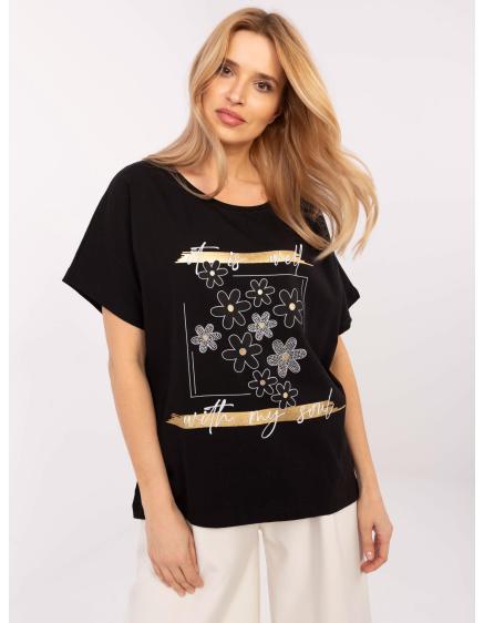 Levně Černé dámské tričko oversize s aplikacemi