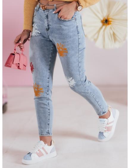 Levně Dámské džínové kalhoty slim fit s květinovým vzorem FLORENSSO modré