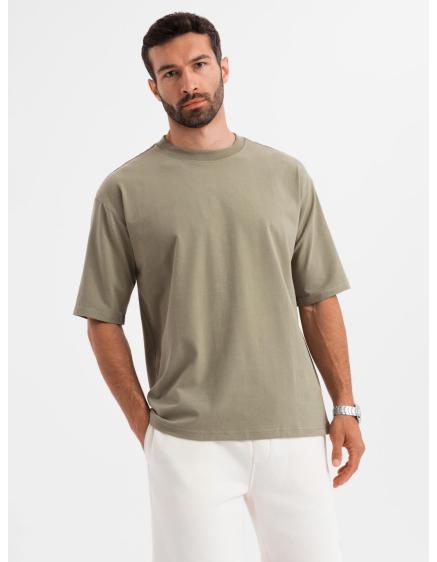 Levně Pánské bavlněné tričko LOOSE FIT s kulatým výstřihem – khaki V8 OM-TSBC-0234