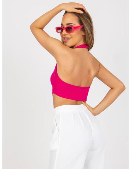 Levně Fuchsiový basic pruhovaný crop top s výstřihem RUE PARIS