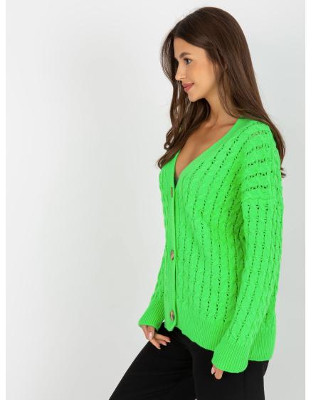 Levně Fluo zelený prolamovaný svetr s copánkovým vzorem RUE PARIS