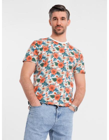 Levně Pánské bavlněné tričko s květinovým celoplošným potiskem - bílé V1 OM-TSFP-0249