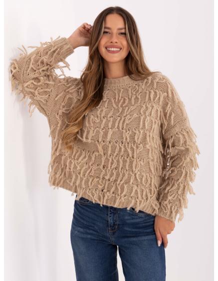 Levně Bežový dámský svetr ve stylu boho RUE PARIS