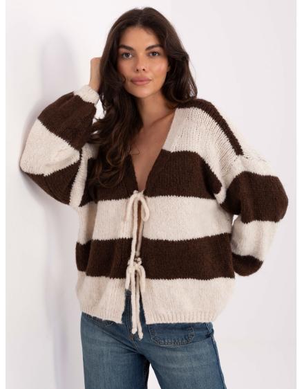 Levně Oversize svetr v barvě ecru a hnědé s vázáním RUE PARIS