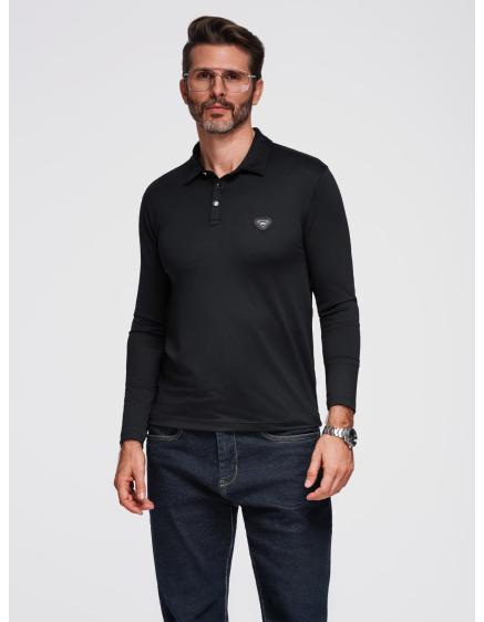 Polo tričko s dlouhým rukávem a elegantními knoflíky s logem značky – černé V1 OM-POLS-0139