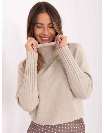 Levně Světle béžový oversize svetr s rolákem RUE PARIS