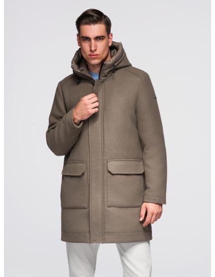 Levně Pánský parka kabát s vlnou a kapucí – khaki V2 OM-COWC-0132