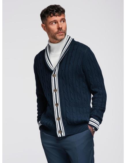 Levně Pánský svetr s šálovým límcem v preppy stylu – tmavě modrý V4 OM-SWCD-0152