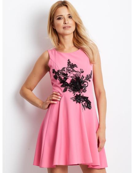 Dámské šaty s květinovou nášivkou ANORA růžové