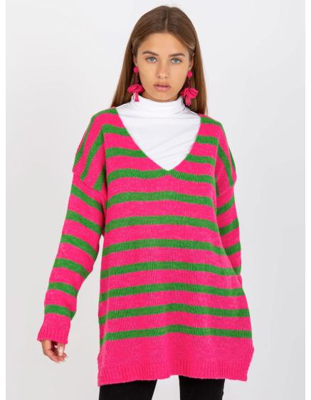 Dámský svetr pruhovaný oversize OCH BELLA růžovo-zelený