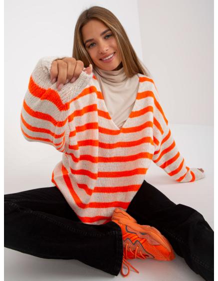 Dámský svetr s výstřihem do V oversize OCH BELLA bílý a oranžový