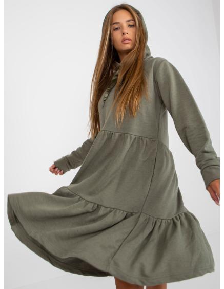 Levně Dámské šaty s volánem rozšířené mikinové FRESH MADE khaki