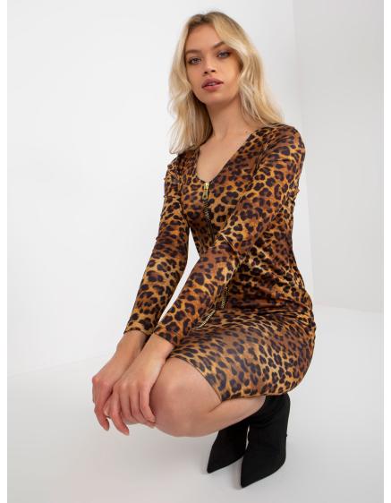 Levně Dámské šaty s leopardím vzorem a zipem CARESS světle hnědé