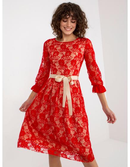 Dámské šaty s vázáním krajkové midi koktejlové ROS červené  
