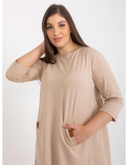 Dámské šaty s 3/4 rukávy plus size mini DALENNE tmavě béžové